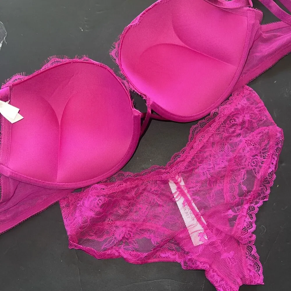 Victoria's Secret 36D BOMBSHELL BRA SET M Panty OUTRAGEOUS HOT PINK FLORAL LACE